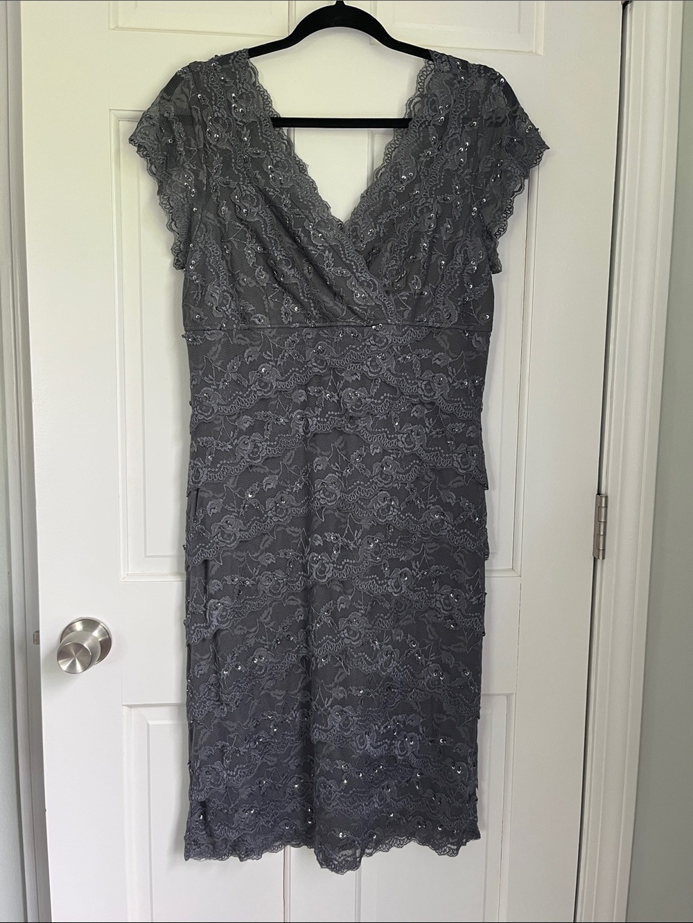 Blu Sage Gray Lace Midi Dress with Sequin Accents
